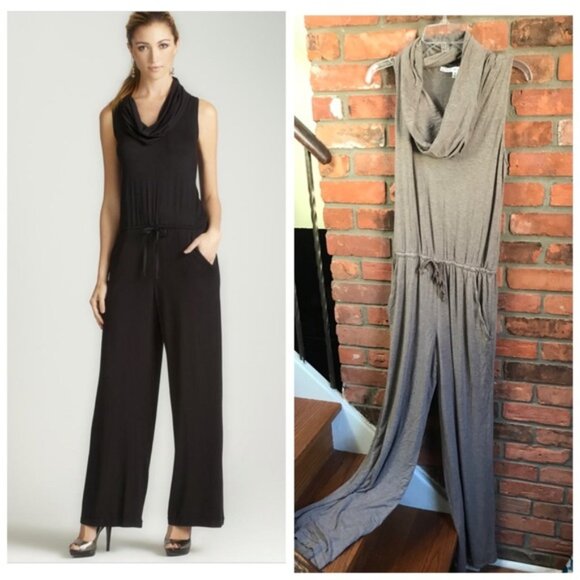 Max Studio Sleeveless Cowl Neck Jumpsuit Wide Leg  Pocket Stretch Pant Neutral - Picture 1 of 16